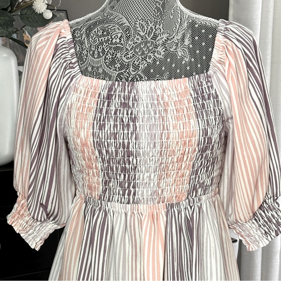Ophelia Roe Smocked Puff Sleeve Pink & Purple Striped Mini Dress – Size Small - Picture 4 of 8